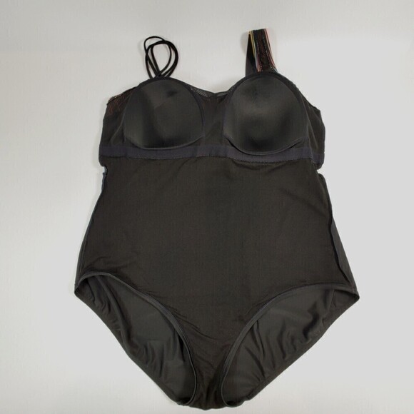 Ulla Popken Swimsuit Womens 28 Black Rainbow Stripe Strap Front Self-Bra Lined - Picture 6 of 14